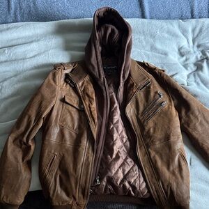 FLAVOR Men Brown Leather Motorcycle Jacket with Removable Hood size Medium Tall